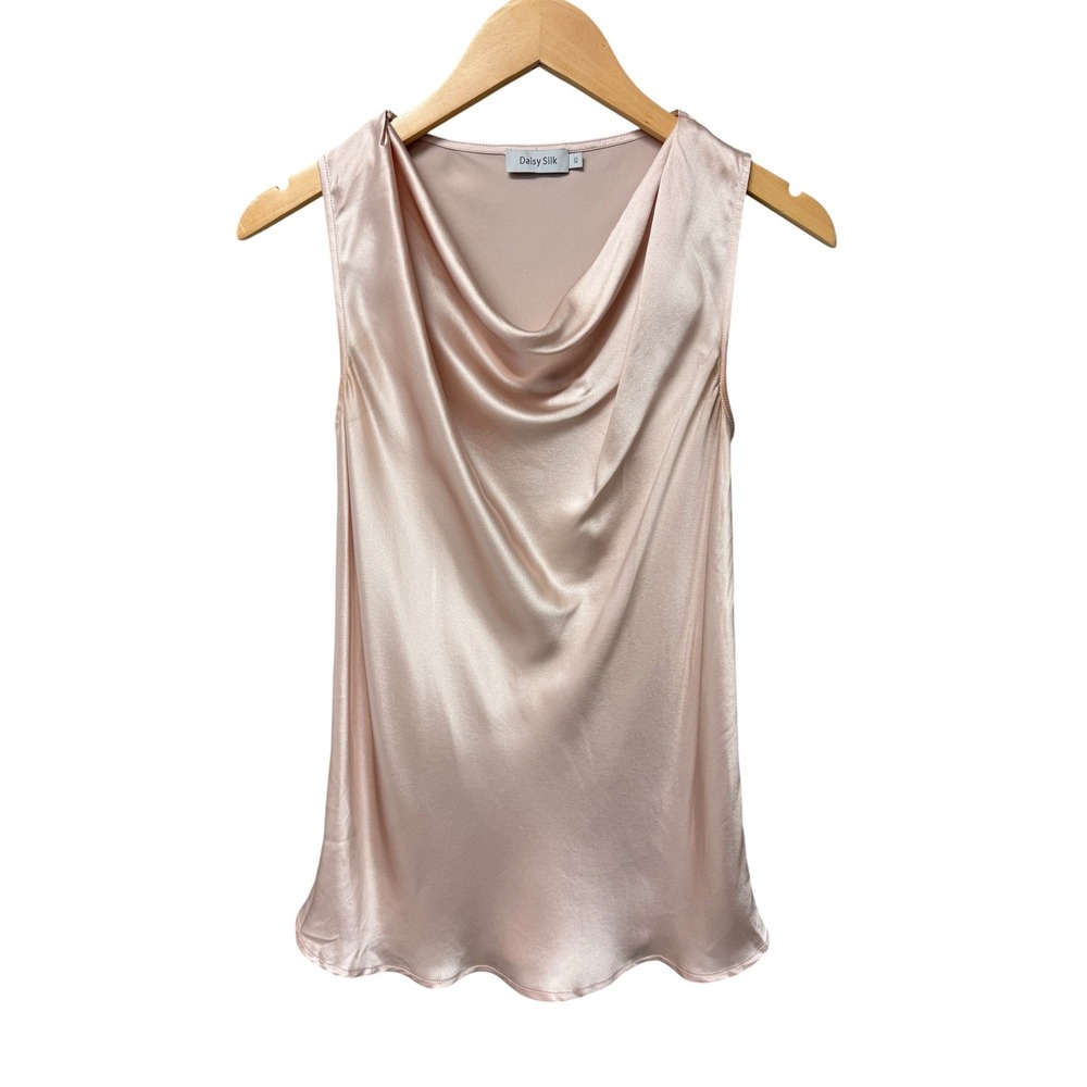 Daisy Silk Sleeveless Blouse 100% Mulberry Silk Tank Top Women XS Pink Cowl Neck